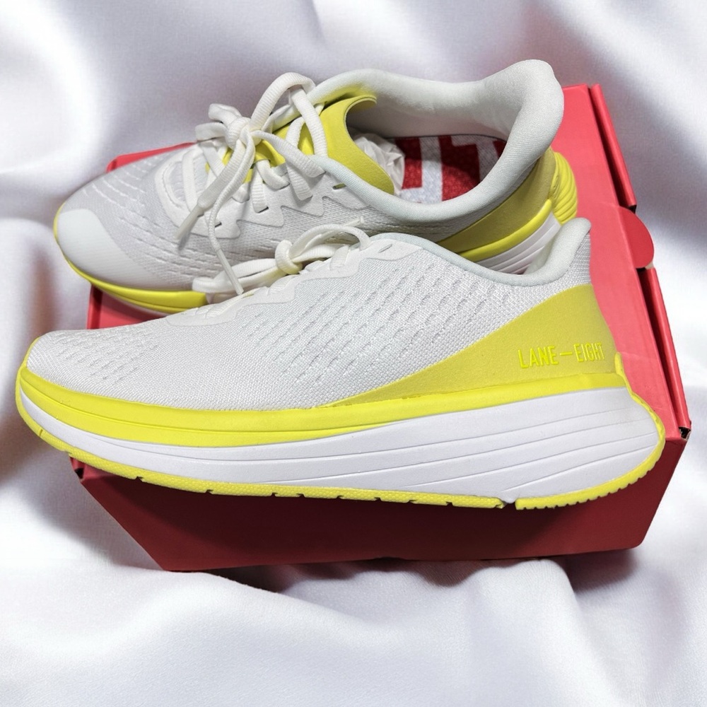 LANE EIGHT Size 5…….Ladies Yellow/White  “Relay Trainer” Sneakers.  New with Box